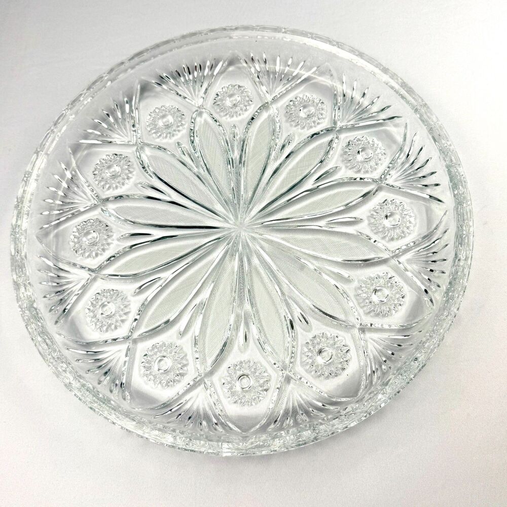 Vtg Irena Poland 24% Lead Crystal 11.5" Cake Plate Round Pinwheel Platter Tray